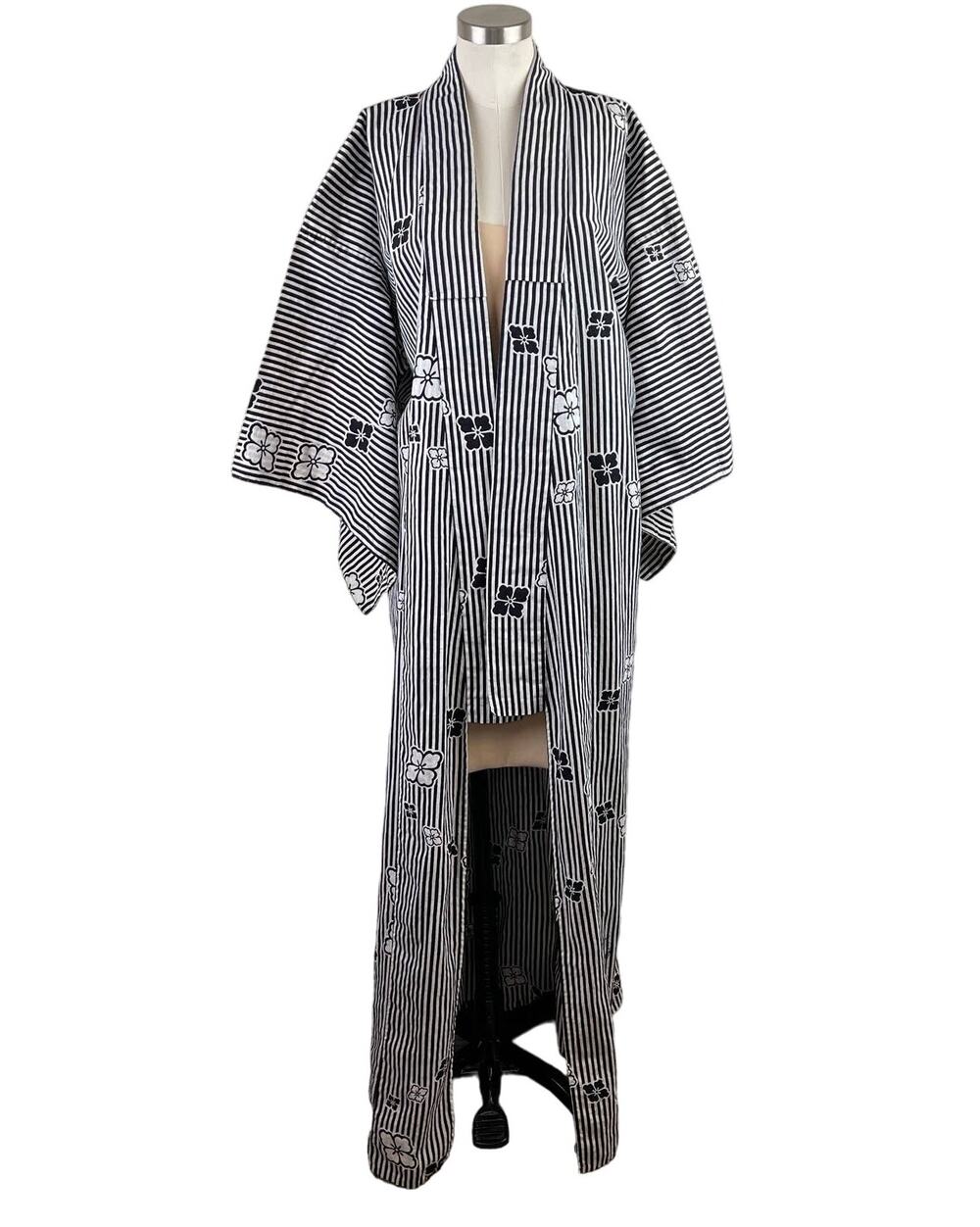 Japanese Handmade Long Length Kimono White Black Striped Cotton Tropical Floral